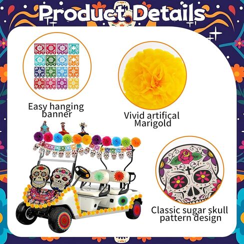 36 Pcs Day of The Dead Golf Cart Decoration Kit Mexican Party Banners Marigold Garland Hanging Paper Fans Banners and Pom Poms Honeycomb Centerpieces for Dia De Los Muertos Party Decor in Saudi Arabia