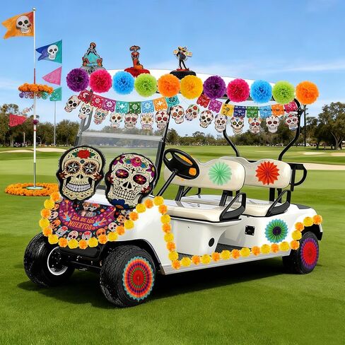 36 Pcs Day of The Dead Golf Cart Decoration Kit Mexican Party Banners Marigold Garland Hanging Paper Fans Banners and Pom Poms Honeycomb Centerpieces for Dia De Los Muertos Party Decor in Saudi Arabia