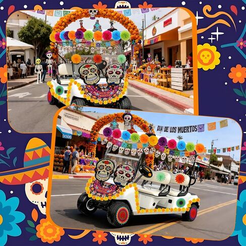 36 Pcs Day of The Dead Golf Cart Decoration Kit Mexican Party Banners Marigold Garland Hanging Paper Fans Banners and Pom Poms Honeycomb Centerpieces for Dia De Los Muertos Party Decor in Saudi Arabia