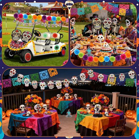 36 Pcs Day of The Dead Golf Cart Decoration Kit Mexican Party Banners Marigold Garland Hanging Paper Fans Banners and Pom Poms Honeycomb Centerpieces for Dia De Los Muertos Party Decor in Saudi Arabia