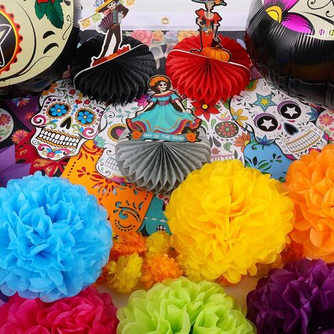 36 Pcs Day of The Dead Golf Cart Decoration Kit Mexican Party Banners Marigold Garland Hanging Paper Fans Banners and Pom Poms Honeycomb Centerpieces for Dia De Los Muertos Party Decor in Saudi Arabia