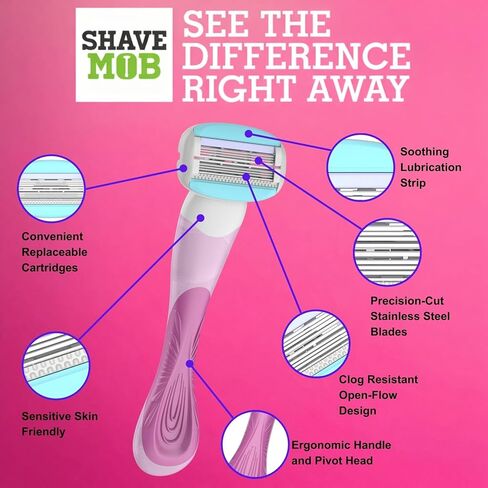 مجموعة شفرات الحلاقة النسائية ShaveMOB ذات 6 شفرات (مقبض رأس مرن + 12 عبوة إضافية) - مجموعة الحلاقة المثالية in Saudi Arabia