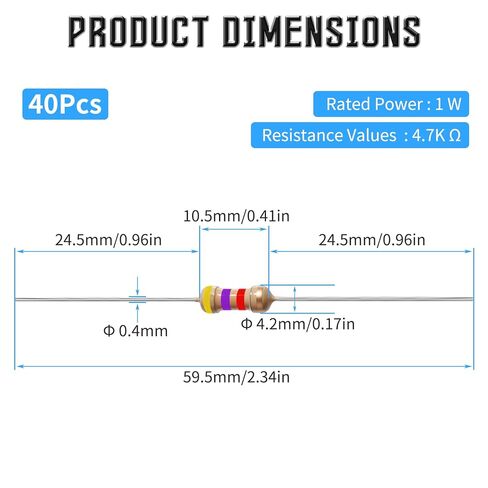 40 Pcs 4.7K Ohm Carbon Film Single Fixed Resistor 1W ±5% Tolerance Carbon Film Resistors Single Fixed Resistor for DIY Electronics, Arduino Projects & Circuit Experiments in Saudi Arabia