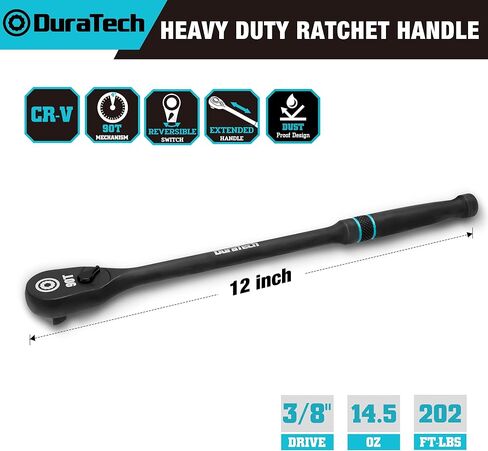DURATECH Extra Long Handle 3/8-Inch Drive Ratchet, 90-Tooth Ratchet Wrench with 12" Handle and Dust Proof Teardrop Enclosed Head, Reversible, CR-V Made, CR-MO Head, 4° Swing, Black Mn Phosphate Finish in Saudi Arabia