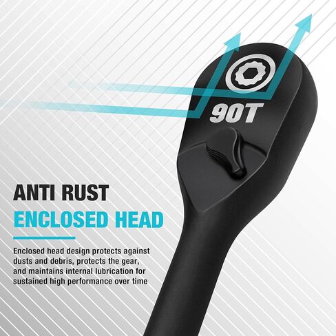 DURATECH Extra Long Handle 3/8-Inch Drive Ratchet, 90-Tooth Ratchet Wrench with 12" Handle and Dust Proof Teardrop Enclosed Head, Reversible, CR-V Made, CR-MO Head, 4° Swing, Black Mn Phosphate Finish in Saudi Arabia