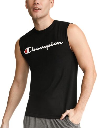 تي شيرت بدون أكمام للرجال من Champion، تي شيرت كلاسيكي برسومات العضلات، تي شيرت بدون أكمام للرجال (قياسي أو كبير وطويل) in Kuwait