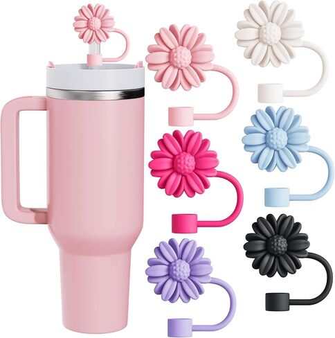 6Pcs Straw Toppers, Cute Flower Straw Covers Cap for Stanley Cup Accessories, 10mm Silicone Drinking Topper for Stanley 30&40 Oz Tumbler Cups in Saudi Arabia