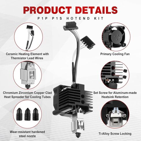 مجموعة P1P P1S Hotend، رأس طباعة مقوى كامل التجميع مع فوهة P1 0.2/0.4/0.6 مم، مروحة تبريد، ثرمستور، سخان سيراميك، استبدال كتلة تسخين الطارد للطابعة P1 ثلاثية الأبعاد in Kuwait