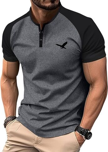 Men's Summer Bird Print Raglan Sleeve Short-Sleeved Henley Shirt Casual Vacation Beach Sports Athletic Camping Tops in Saudi Arabia