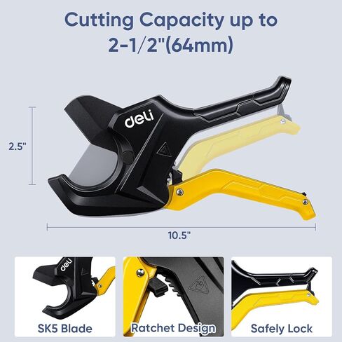 DELI PVC Pipe Cutter, Up to 2-1/2", Ratchet Pipe Shears Heavy-Duty, Pex Cutting Tool for Cutting PEX, PVC, PPR Plastic Hoses and Plumbing Pipe in Saudi Arabia