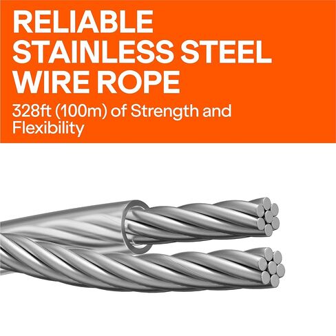 Wirefy Wire Rope - كابل من الفولاذ المقاوم للصدأ 1/16 بوصة 304 مطلي بـ PVC - حمل كسر عالي القوة 300 ميجا باسكال - 100 أكمام مجعدة - حبل غسيل لتزيين السياج - 328 قدمًا (100 متر) - أسود in Kuwait
