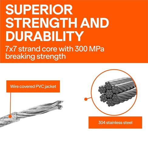Wirefy Wire Rope - كابل من الفولاذ المقاوم للصدأ 1/16 بوصة 304 مطلي بـ PVC - حمل كسر عالي القوة 300 ميجا باسكال - 100 أكمام مجعدة - حبل غسيل لتزيين السياج - 328 قدمًا (100 متر) - أسود in Kuwait