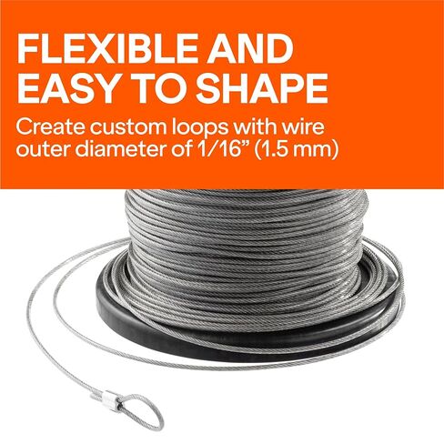 Wirefy Wire Rope - كابل من الفولاذ المقاوم للصدأ 1/16 بوصة 304 مطلي بـ PVC - حمل كسر عالي القوة 300 ميجا باسكال - 100 أكمام مجعدة - حبل غسيل لتزيين السياج - 328 قدمًا (100 متر) - أسود in Kuwait