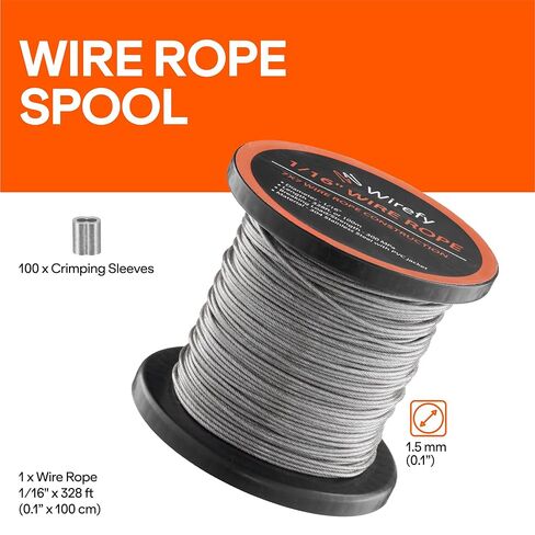 Wirefy Wire Rope - كابل من الفولاذ المقاوم للصدأ 1/16 بوصة 304 مطلي بـ PVC - حمل كسر عالي القوة 300 ميجا باسكال - 100 أكمام مجعدة - حبل غسيل لتزيين السياج - 328 قدمًا (100 متر) - أسود in Kuwait