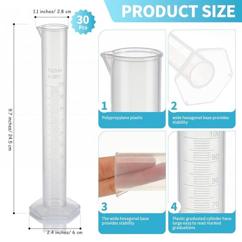 Xuhal 30 Pack 100ml Transparent Plastic Graduated Cylinder Bulk, Measuring Cylinder Set 2-sided Marking Clear Plastic Lab Cylinders Science Measuring Cylinders Spour Spout for Science Laboratory Use in Saudi Arabia