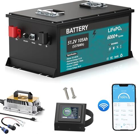 48V (51.2V) 105AH Lithium Battery for Golf Cart, Lifepo4 Battery with 58.4V 18A Charger Built-in 200A BMS, 6000+Cycles, Touch Monitor & Mobile APP for Golf Cart in Saudi Arabia