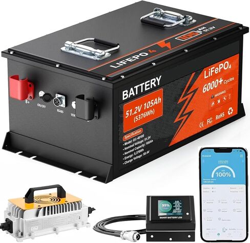 48V (51.2V) 105AH Lithium Battery for Golf Cart, Lifepo4 Battery with 58.4V 18A Charger Built-in 200A BMS, 6000+Cycles, Touch Monitor & Mobile APP for Golf Cart in Saudi Arabia