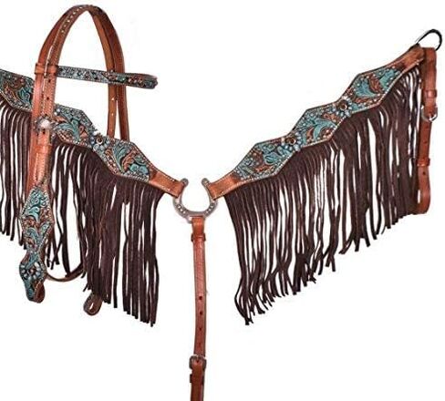 Showman الفيروز والبني الأزهار Headstall المجهزة وطوق الثدي مجموعة ث / هامش in Kuwait