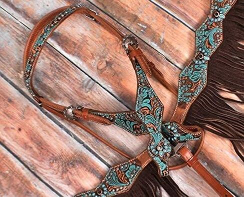 Showman الفيروز والبني الأزهار Headstall المجهزة وطوق الثدي مجموعة ث / هامش in Kuwait