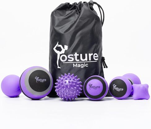 مجموعة كرة التدليك السحرية من Posture لإطلاق نقطة الزناد الليفي العضلي وتدليك الأنسجة العميقة - مجموعة من 6 - رغوة كبيرة / رغوة صغيرة / لاكروس / الفول السوداني / شائك / كرة تمرين اليد (أزرق) in Kuwait