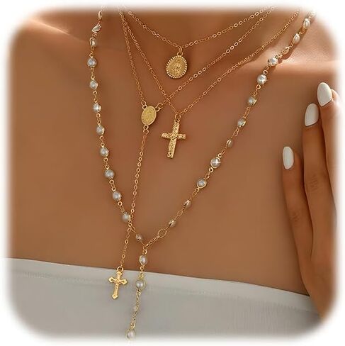 3PCS Layered Gold Cross Necklaces for Women Trendy, Bohemian Bead Pearl Y Long Pendant Necklace Set, Vintage Rosary Necklace Stack Adjustable Length in Saudi Arabia