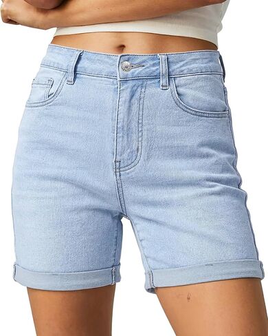 luvamia Jean Shorts for Women High Waisted Trendy Mid Thigh Long Cuffed Hem Stretchy Denim Shorts Casual Summer Jorts in Saudi Arabia
