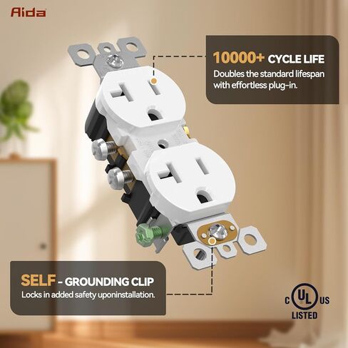 AIDA 20 Amps Outlets Duplex Electrical Receptacle Outlets, Electrical Outlet, 20Amp 125V Heavy-Duty Wall Outlet, Residential, 3-Wire, Self-Grounding, UL Listed, Side Wire (10 Pack, White) in Kuwait