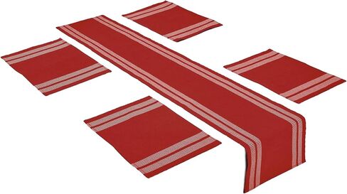 Encasa Homes Set (4 مفارش في + 1 Table Runner) | سلم أحمر | قطن مضلع ناعم | الألوان والتصاميم الحديثة ، والاستخدام في المنزل ، والمقاهي ، والمطاعم والفنادق - قابلة للغسل الآلة in Kuwait