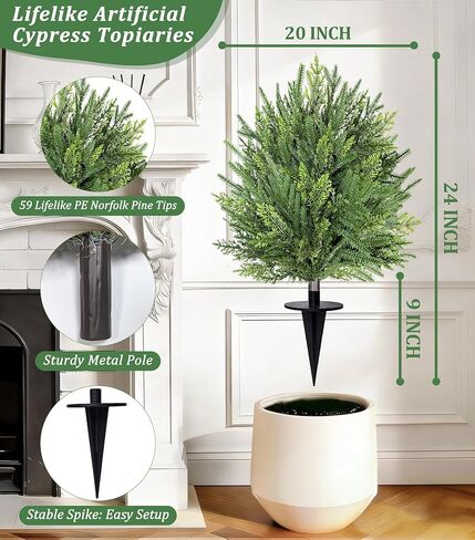 2 Pack 24" Artificial Christmas Topiary Ball Trees with Spike Mixed Real Touch Norfolk Pine & Cypress Tips Fake Ball Shrubs Holiday Planters Outdoor Christmas Tree Urn Fillers Front Porch Indoor Decor in Saudi Arabia