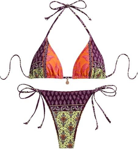 Verdusa Women's 2 Piece Paisley Print Swimsuit Boho Halter Backless High Cut String Bikini Set in Saudi Arabia
