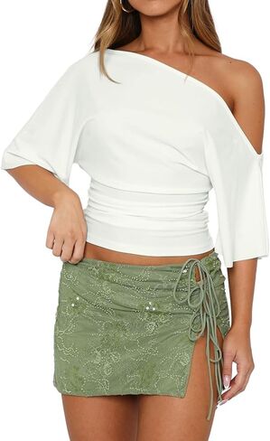 Dressmine المرأة قبالة الكتف الجانب Ruched المحاصيل الأعلى غير المتكافئة قصيرة الأكمام الصيف الخروج البلوزات Y2K تي شيرت in Kuwait