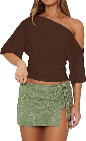 Dressmine المرأة قبالة الكتف الجانب Ruched المحاصيل الأعلى غير المتكافئة قصيرة الأكمام الصيف الخروج البلوزات Y2K تي شيرت in Kuwait