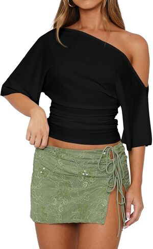 Dressmine المرأة قبالة الكتف الجانب Ruched المحاصيل الأعلى غير المتكافئة قصيرة الأكمام الصيف الخروج البلوزات Y2K تي شيرت in Kuwait