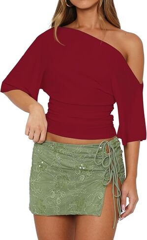 Dressmine المرأة قبالة الكتف الجانب Ruched المحاصيل الأعلى غير المتكافئة قصيرة الأكمام الصيف الخروج البلوزات Y2K تي شيرت in Kuwait