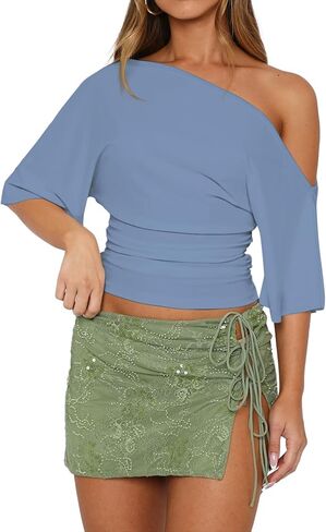 Dressmine المرأة قبالة الكتف الجانب Ruched المحاصيل الأعلى غير المتكافئة قصيرة الأكمام الصيف الخروج البلوزات Y2K تي شيرت in Kuwait
