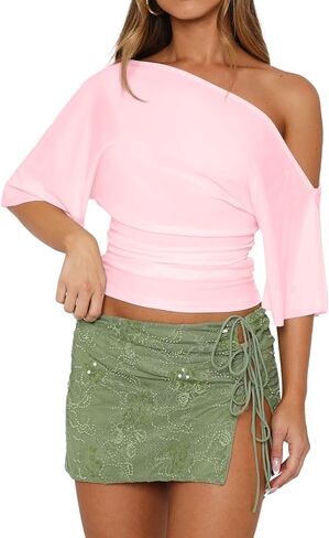 Dressmine المرأة قبالة الكتف الجانب Ruched المحاصيل الأعلى غير المتكافئة قصيرة الأكمام الصيف الخروج البلوزات Y2K تي شيرت in Kuwait