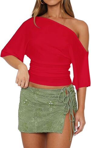 Dressmine المرأة قبالة الكتف الجانب Ruched المحاصيل الأعلى غير المتكافئة قصيرة الأكمام الصيف الخروج البلوزات Y2K تي شيرت in Kuwait