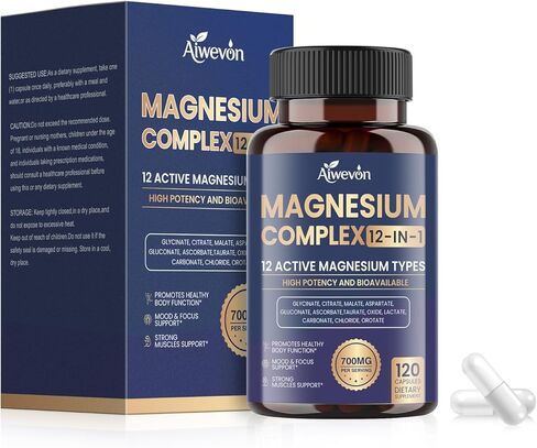 Magnesium Complex 700mg, 12 in 1 Magnesium Supplement with Glycinate, Citrate, Malate, Oxide, Taurate & Orotate, High Absorption Magnesium for Sleep, Muscle, Nerve & Heart Support, Vegan, 120 Capsules in Saudi Arabia