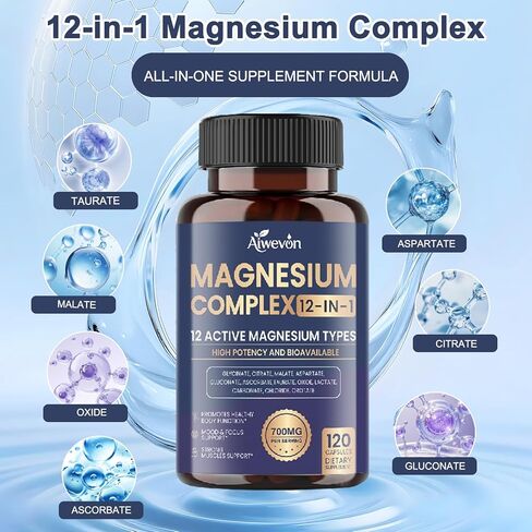 Magnesium Complex 700mg, 12 in 1 Magnesium Supplement with Glycinate, Citrate, Malate, Oxide, Taurate & Orotate, High Absorption Magnesium for Sleep, Muscle, Nerve & Heart Support, Vegan, 120 Capsules in Saudi Arabia