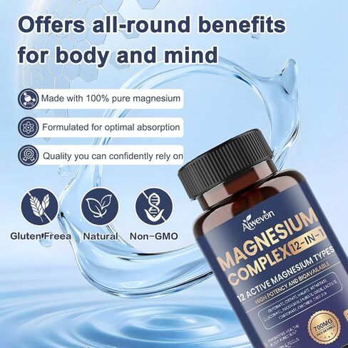 Magnesium Complex 700mg, 12 in 1 Magnesium Supplement with Glycinate, Citrate, Malate, Oxide, Taurate & Orotate, High Absorption Magnesium for Sleep, Muscle, Nerve & Heart Support, Vegan, 120 Capsules in Saudi Arabia