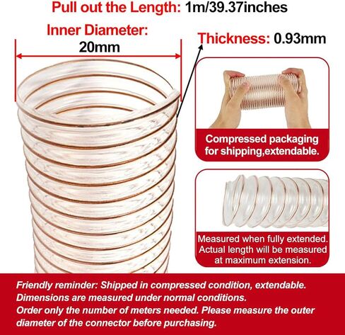 PU Polyurethane Ducting Flexible Hose Inner Diameter 20MM Pipe Ducting Pull Out The Length 39.4In Engraving Machine Vacuum Tube,Thickness 0.93mm in Saudi Arabia