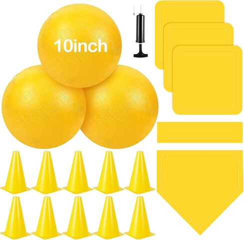 Jenaai 20 Pcs Sports Kickball Set, 3 10'' Playground Ball, 5 Rubber Throw Down Bases, Ball Pump, Net Bag, 10 Foul Line Cones, Kickball All in One Kit for Kids Adults Playground Backyard Game(Blue) in Saudi Arabia