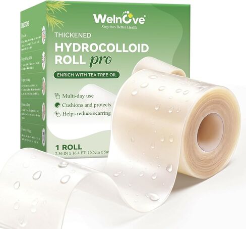 Welnove Hydrocolloid Roll for Wound Care - Hydrocolloid Patch Bandages with Tea Tree Oil, Ultra Absorbent for Burn, Blister, Acne Care, Flexible & Waterproof - 0.06cm Thick, 2.56in x 16.4ft Cut to Fit in Saudi Arabia