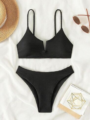 Women's Black Ribbed V-Neck Bikini Set, Spaghetti Strap High Cut Two Piece Swimsuit for Beach Pool in Saudi Arabia