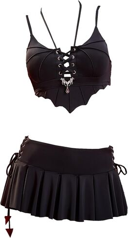 MEOWCOS Women's Gothic Swimsuit 2 Piece Bat-Inspired Top Mini Skort Bottom Bathing Suit for Beach Pool Parties in Saudi Arabia