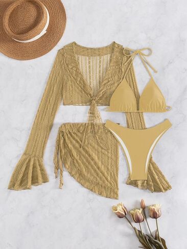 Women's 4 Piece Bikini Set - Cheeky Halter Triangle Swimsuit Set - Sheer Knot Bathing Suit Cover Up in Saudi Arabia