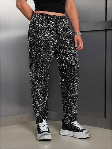 Floerns Men's Sparkly Sequin Pants 70s Disco Costume Vintage Shiny Trousers in Saudi Arabia