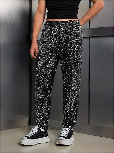 Floerns Men's Sparkly Sequin Pants 70s Disco Costume Vintage Shiny Trousers in Saudi Arabia