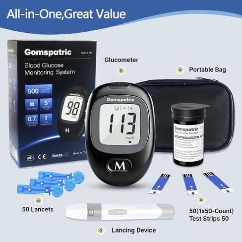 Blood Glucose Monitor Kit with 50 Blood Sugar Test Strips, 50 Lancets, 1 Blood Glucose Meter, Essential Glucose Meters for Family Blood Glucose Monitoring in Saudi Arabia