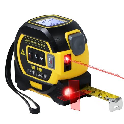 Laser Tape Measure 3-in-1 with Large LCD Display | Digital Laser Measurement Tool in/ft/m Scales up to 131ft/40M with calculations | Tape Measure 16ft/5M and Cross Line Laser Yellow in Saudi Arabia